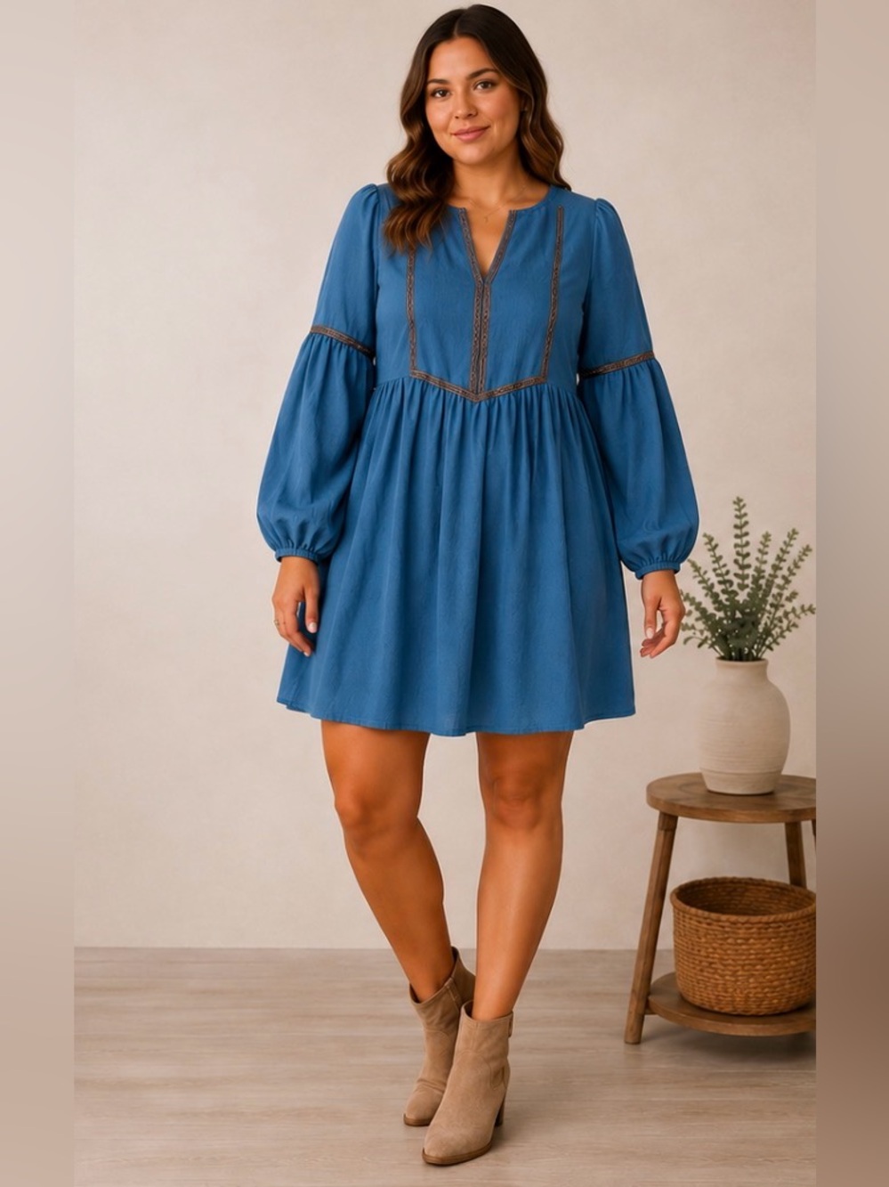 Rustty Dustty Modern Bohemian Mini Dress Blue XL NWT Balloon Sleeve
